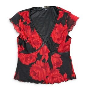 Y2K Babydoll Top Womens S Red Whimsigoth Mesh Rose Cropped Vintage Dark Romantic
